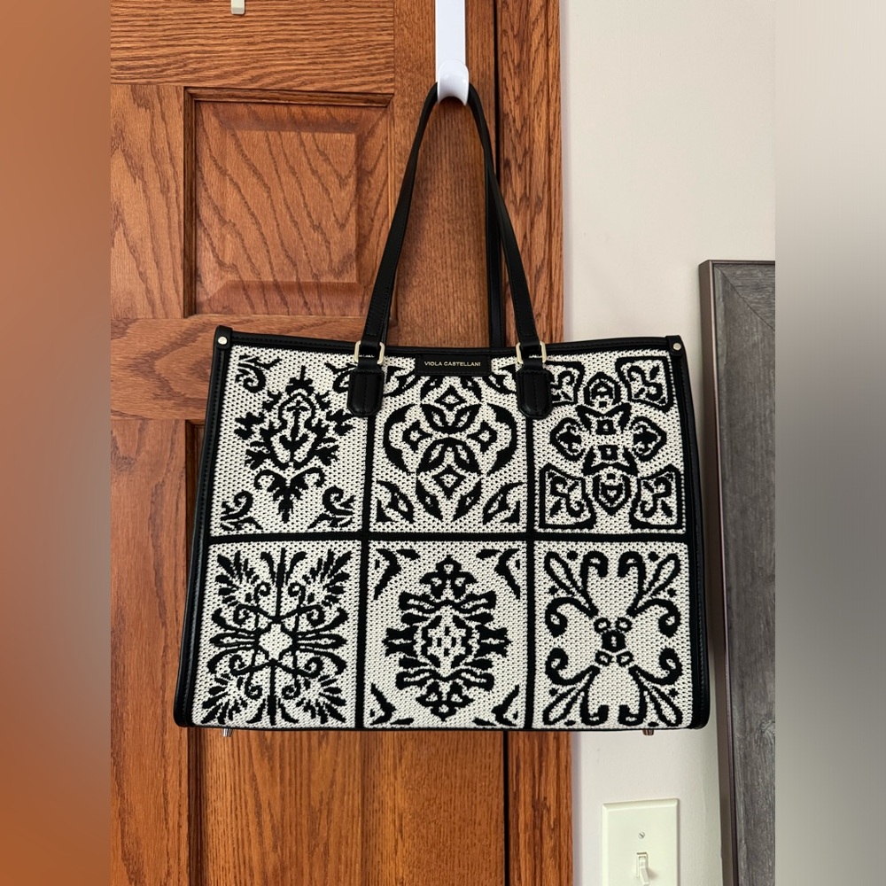Viola Castellani Italy Crochet Fabric Leather Bag Black White Shoulder Tote/NWT